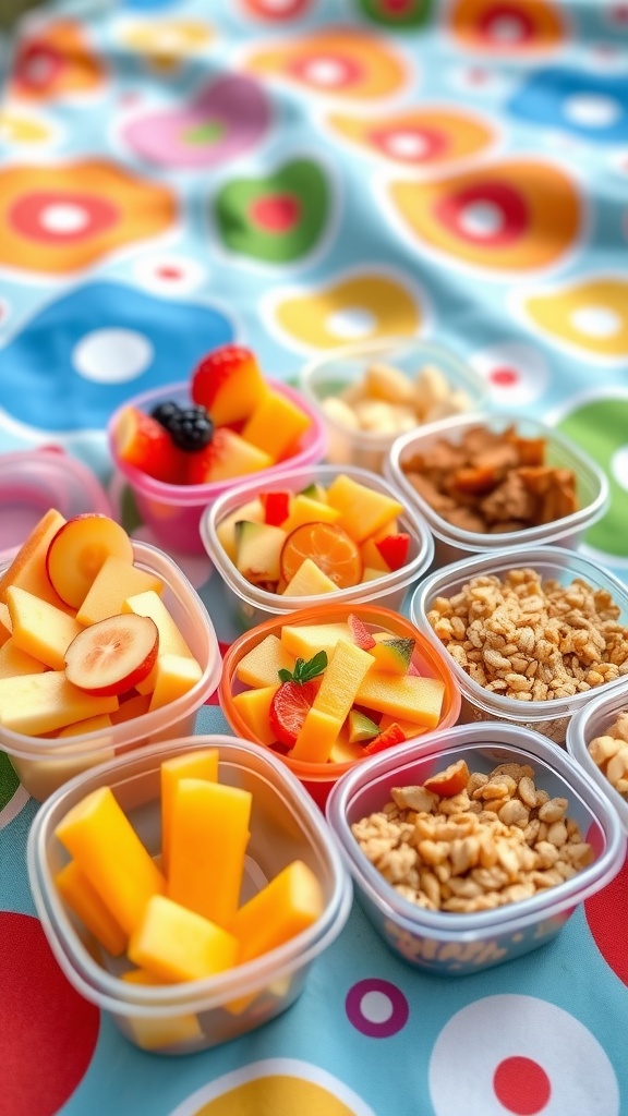 Colorful baby snacks including fruit slices, vegetable sticks, and puffed grains on a picnic blanket.